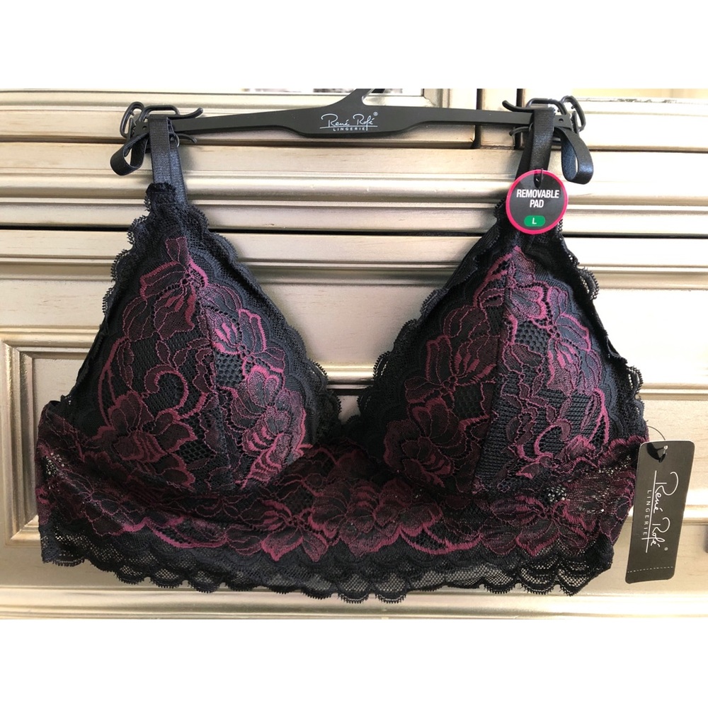 NWT Rene Rofe Lace Bralette Black Magenta Women’s Size Large